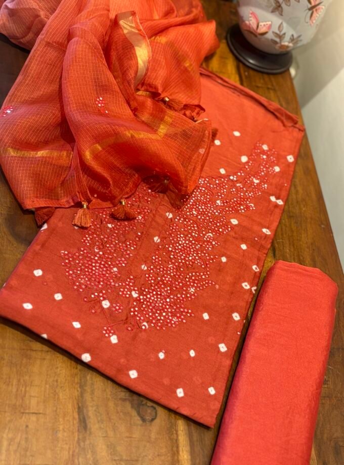 Bandhej and Handwork on Pure Chanderi Silk Salwars and Pure Kota Silk Dupatta by Ikhtirah