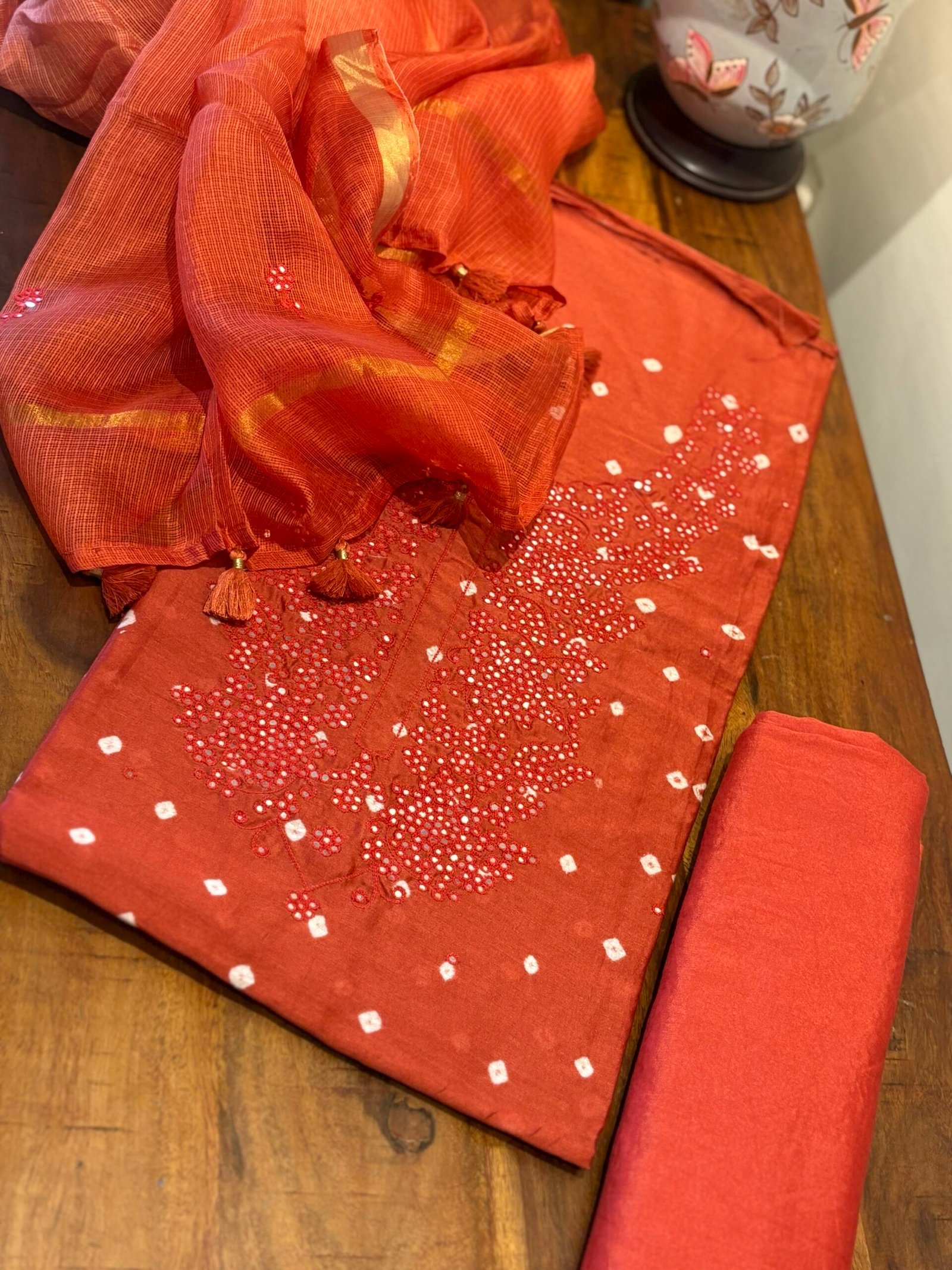 Bandhej and Handwork on Pure Chanderi Silk Salwars and Pure Kota Silk Dupatta by Ikhtirah