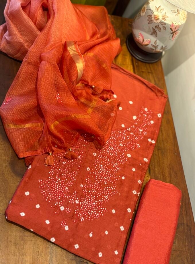 Bandhej and Handwork on Pure Chanderi Silk Salwars and Pure Kota Silk Dupatta by Ikhtirah