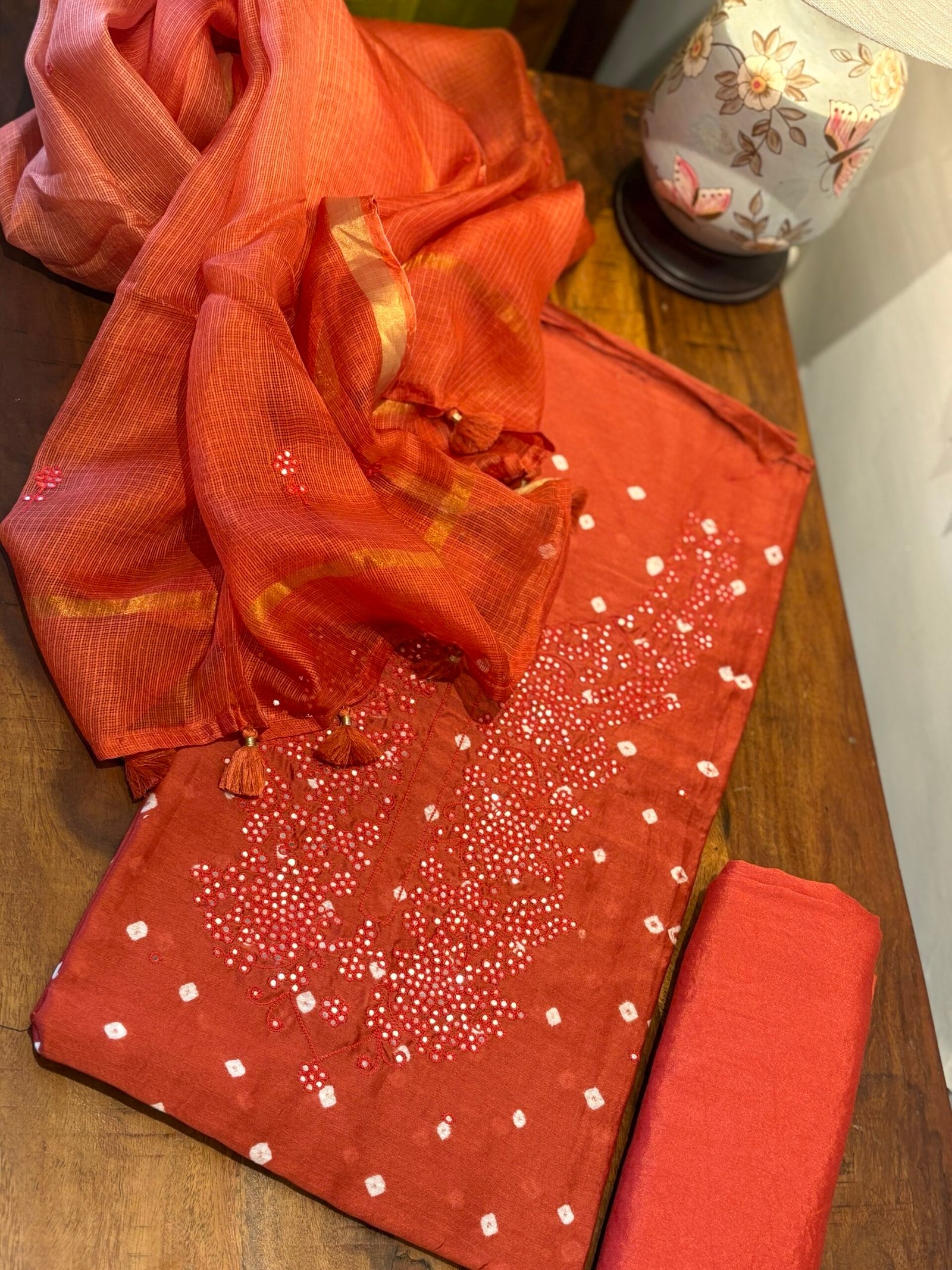 Bandhej and Handwork on Pure Chanderi Silk Salwars and Pure Kota Silk Dupatta by Ikhtirah - Image 9