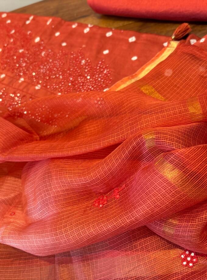 Bandhej and Handwork on Pure Chanderi Silk Salwars and Pure Kota Silk Dupatta by Ikhtirah