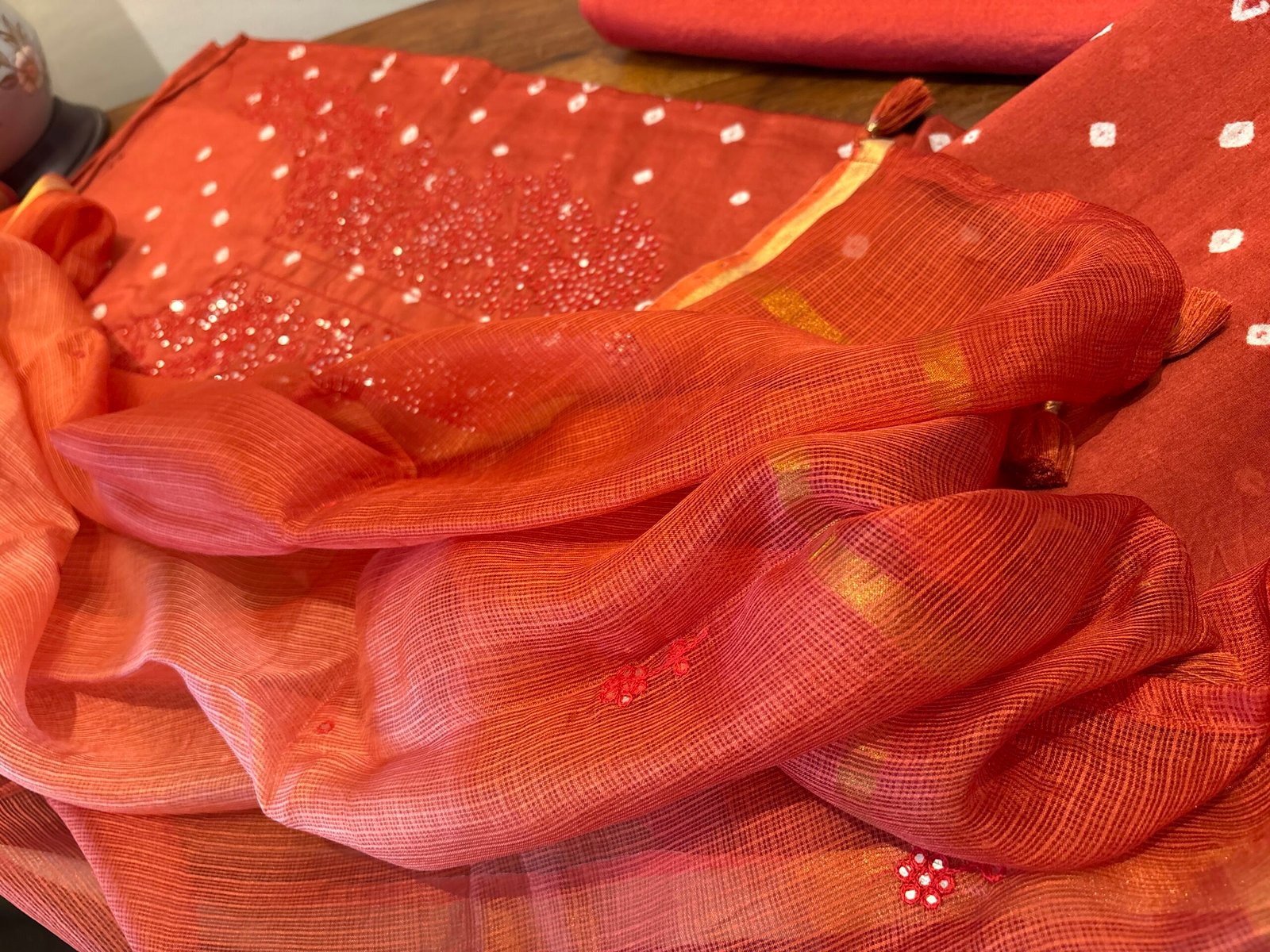 Bandhej and Handwork on Pure Chanderi Silk Salwars and Pure Kota Silk Dupatta by Ikhtirah - Image 4