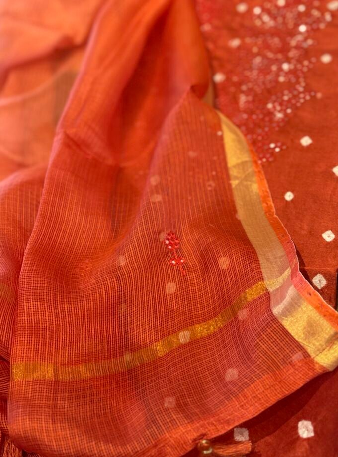 Bandhej and Handwork on Pure Chanderi Silk Salwars and Pure Kota Silk Dupatta by Ikhtirah