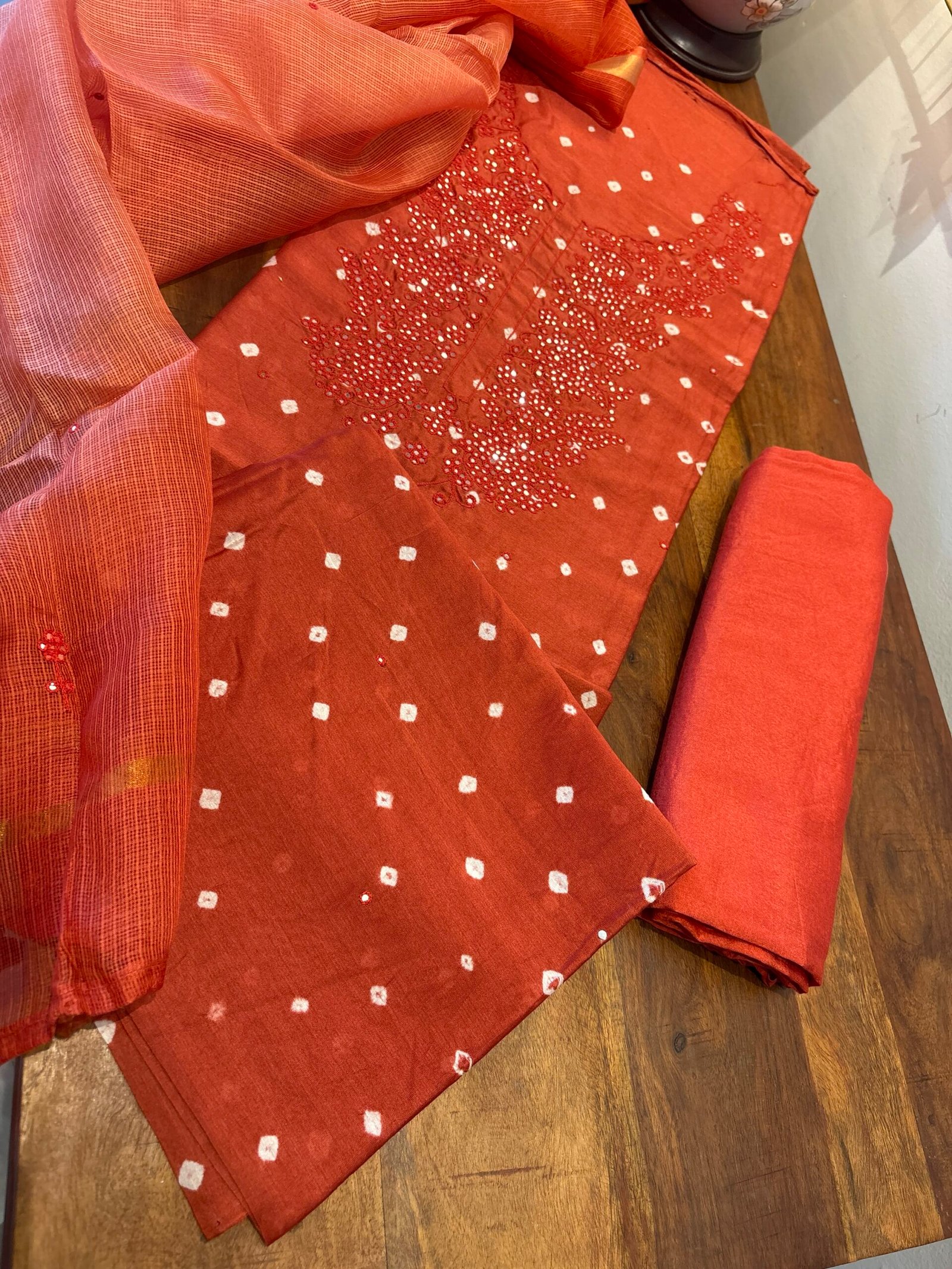 Bandhej and Handwork on Pure Chanderi Silk Salwars and Pure Kota Silk Dupatta by Ikhtirah - Image 8