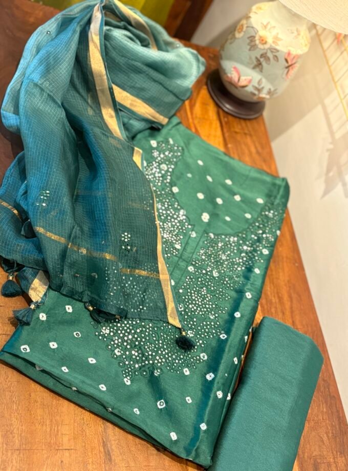 Bandhej and Handwork on Pure Chanderi Silk Salwars and Pure Kota Silk Dupatta by Ikhtirah