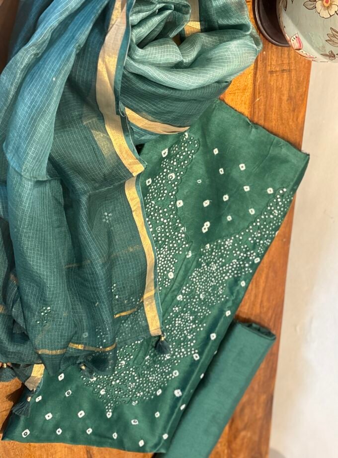 Bandhej and Handwork on Pure Chanderi Silk Salwars and Pure Kota Silk Dupatta by Ikhtirah