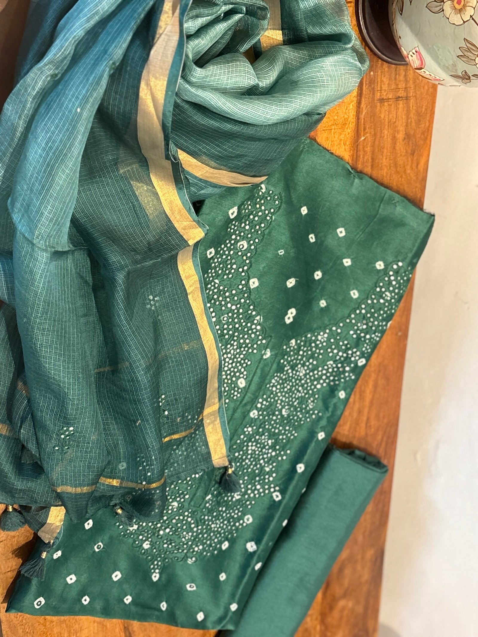 Bandhej and Handwork on Pure Chanderi Silk Salwars and Pure Kota Silk Dupatta by Ikhtirah - Image 8