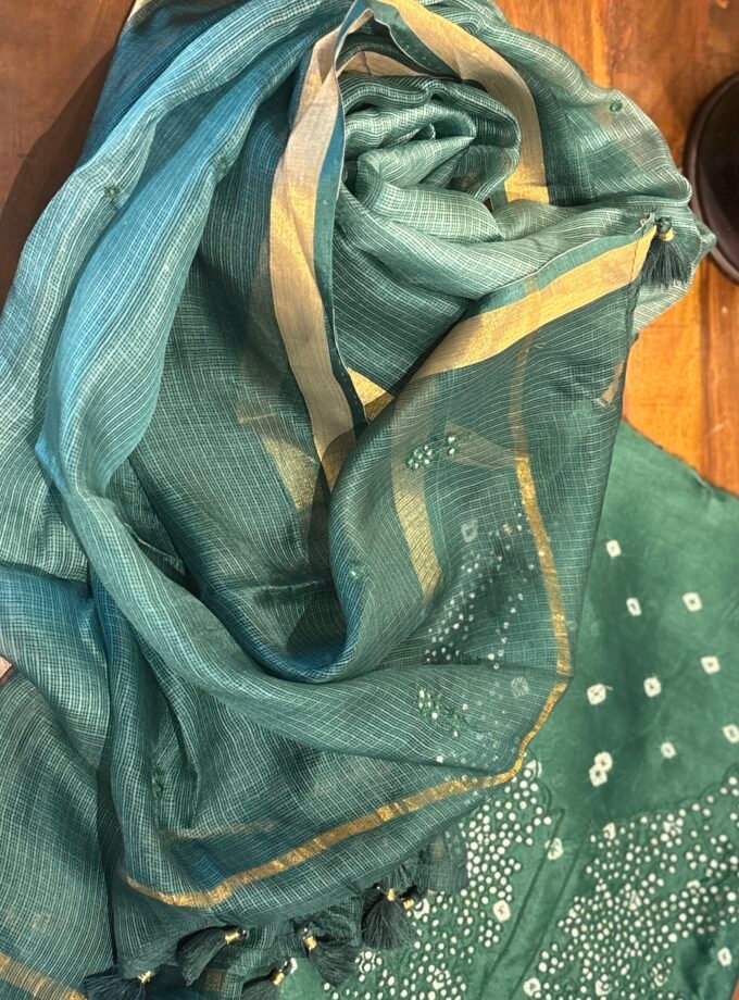 Bandhej and Handwork on Pure Chanderi Silk Salwars and Pure Kota Silk Dupatta by Ikhtirah