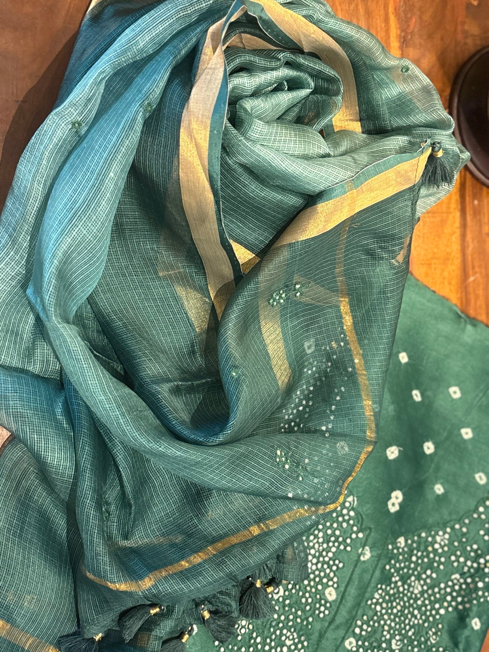 Bandhej and Handwork on Pure Chanderi Silk Salwars and Pure Kota Silk Dupatta by Ikhtirah - Image 7