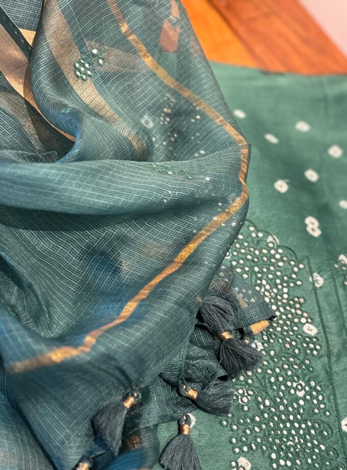 Bandhej and Handwork on Pure Chanderi Silk Salwars and Pure Kota Silk Dupatta by Ikhtirah
