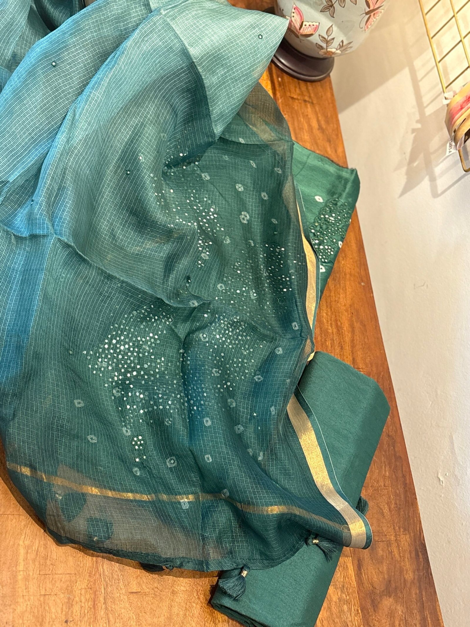Bandhej and Handwork on Pure Chanderi Silk Salwars and Pure Kota Silk Dupatta by Ikhtirah - Image 5