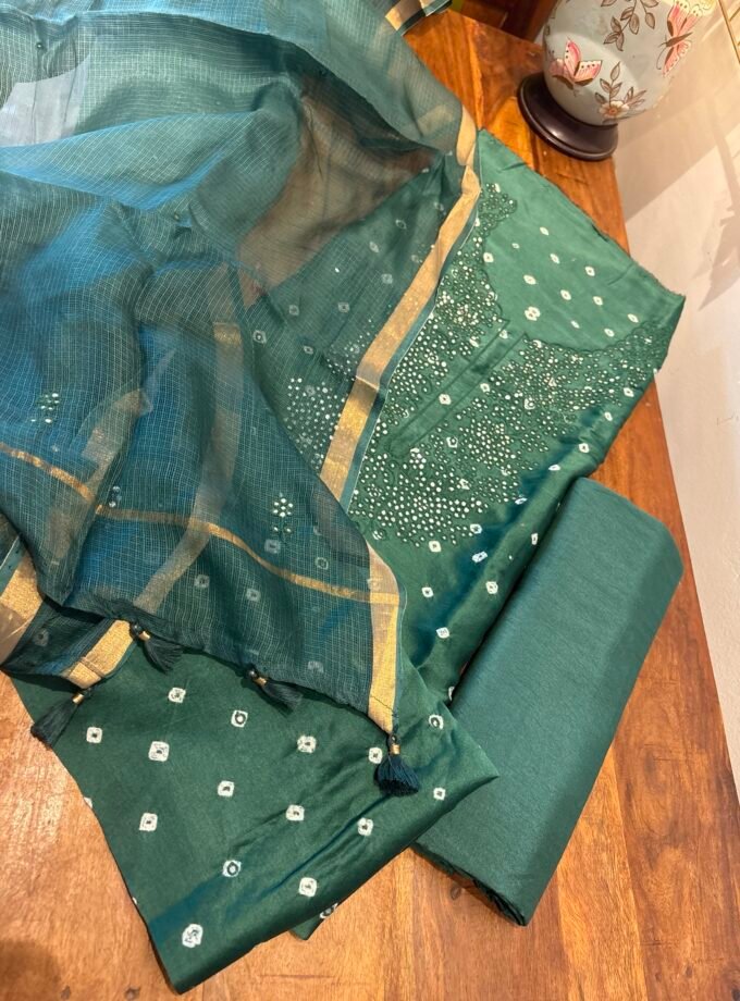 Bandhej and Handwork on Pure Chanderi Silk Salwars and Pure Kota Silk Dupatta by Ikhtirah