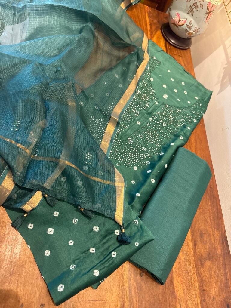Bandhej and Handwork on Pure Chanderi Silk Salwars and Pure Kota Silk Dupatta by Ikhtirah
