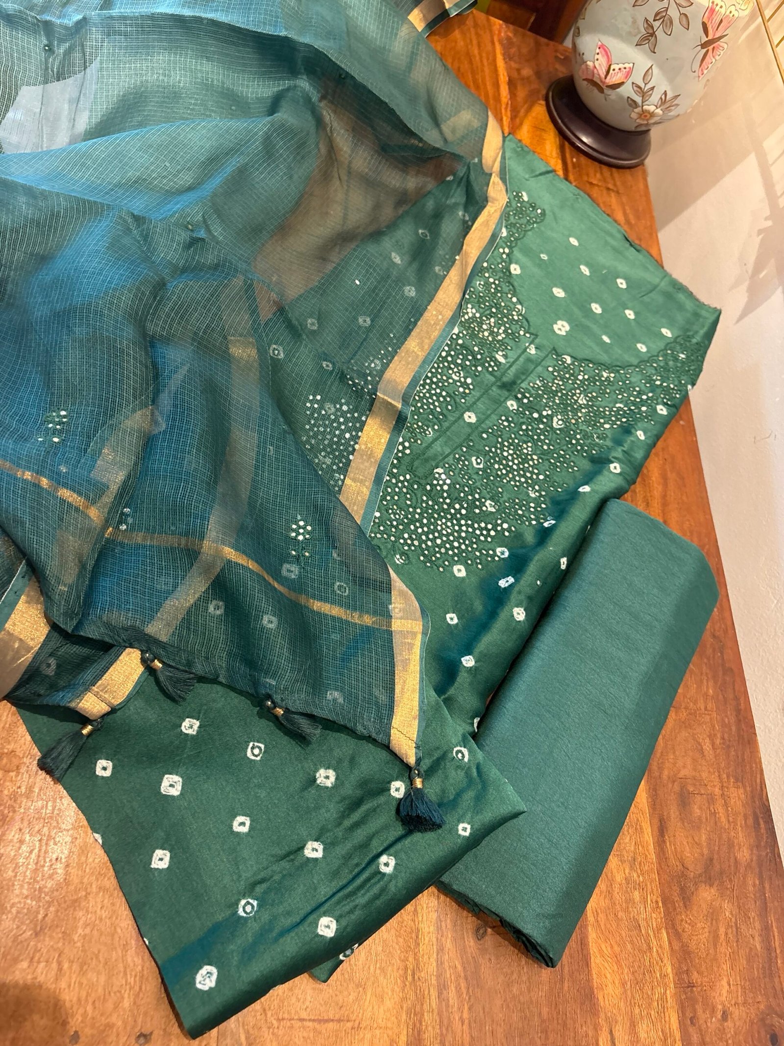 Bandhej and Handwork on Pure Chanderi Silk Salwars and Pure Kota Silk Dupatta by Ikhtirah - Image 6