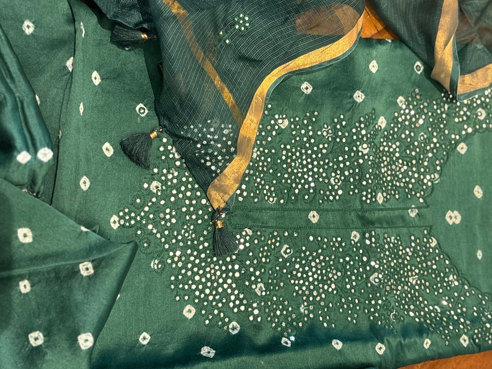 Bandhej and Handwork on Pure Chanderi Silk Salwars and Pure Kota Silk Dupatta by Ikhtirah - Image 2