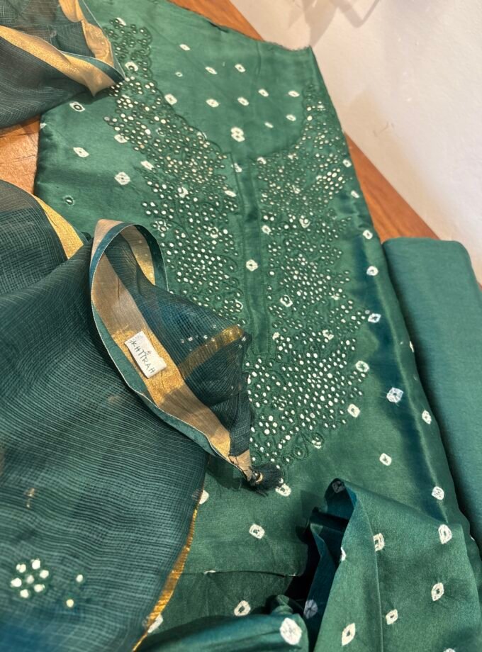 Bandhej and Handwork on Pure Chanderi Silk Salwars and Pure Kota Silk Dupatta by Ikhtirah