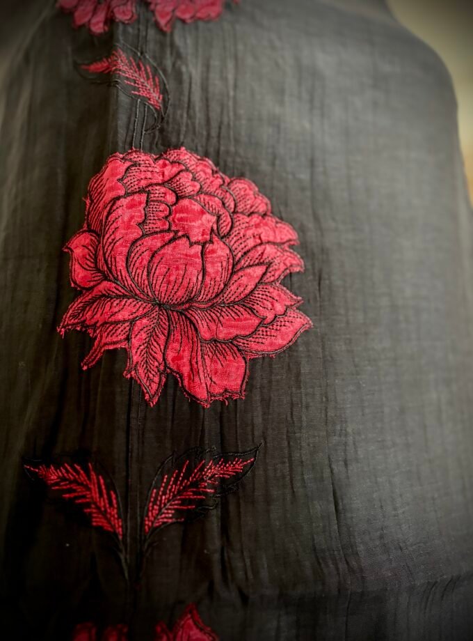 Applique and Embroidered Pure Chanderi Mul Salwars by Ikhtirah (Black)