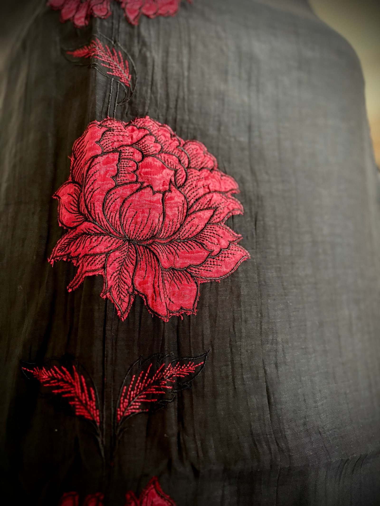 Applique and Embroidered Pure Chanderi Mul Salwars by Ikhtirah (Black) - Image 7