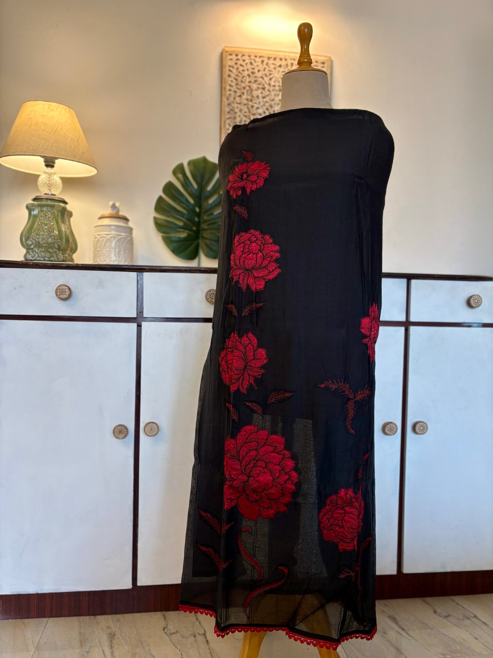 Applique and Embroidered Pure Chanderi Mul Salwars by Ikhtirah (Black) - Image 6