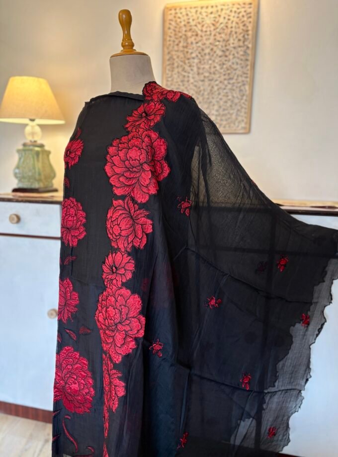 Applique and Embroidered Pure Chanderi Mul Salwars by Ikhtirah (Black)