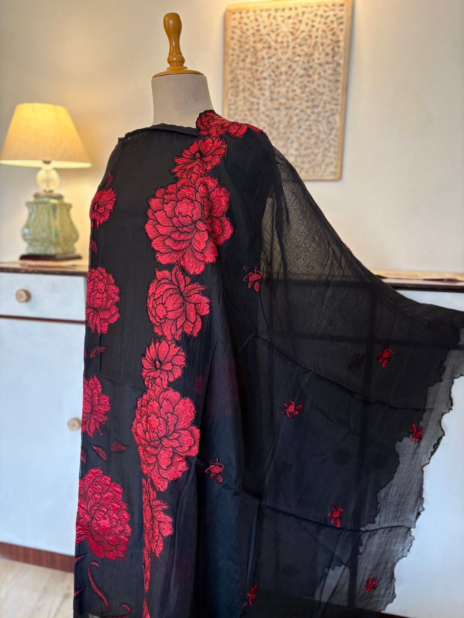 Applique and Embroidered Pure Chanderi Mul Salwars by Ikhtirah (Black)