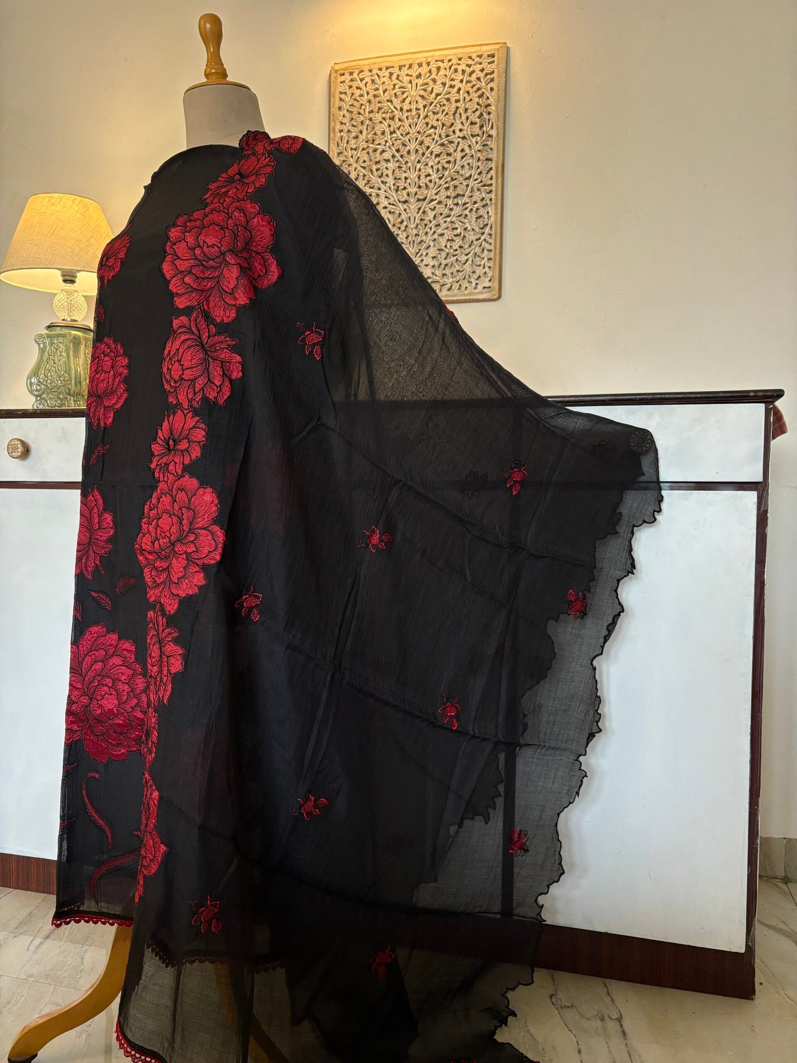 Applique and Embroidered Pure Chanderi Mul Salwars by Ikhtirah (Black) - Image 8