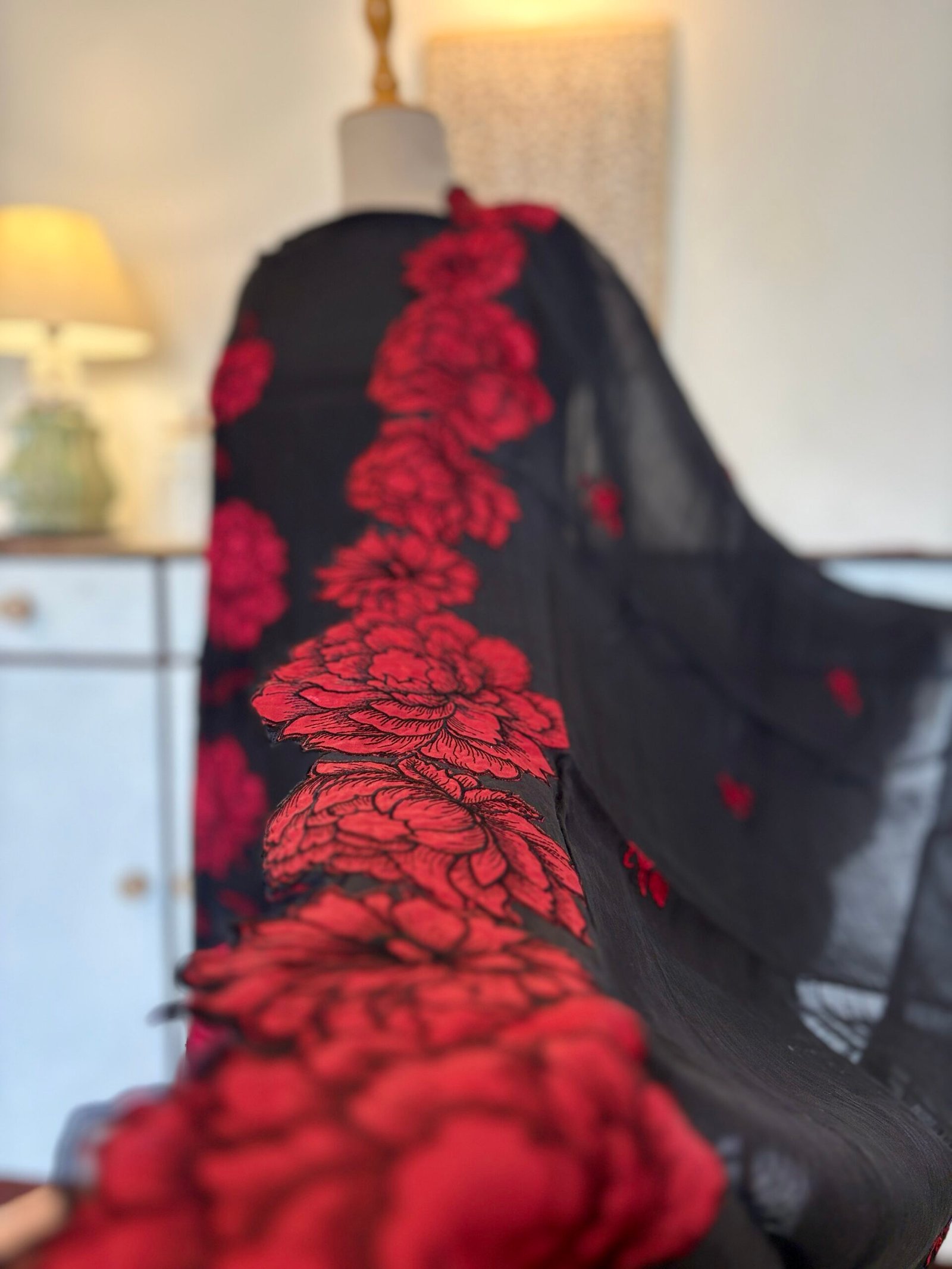 Applique and Embroidered Pure Chanderi Mul Salwars by Ikhtirah (Black) - Image 5