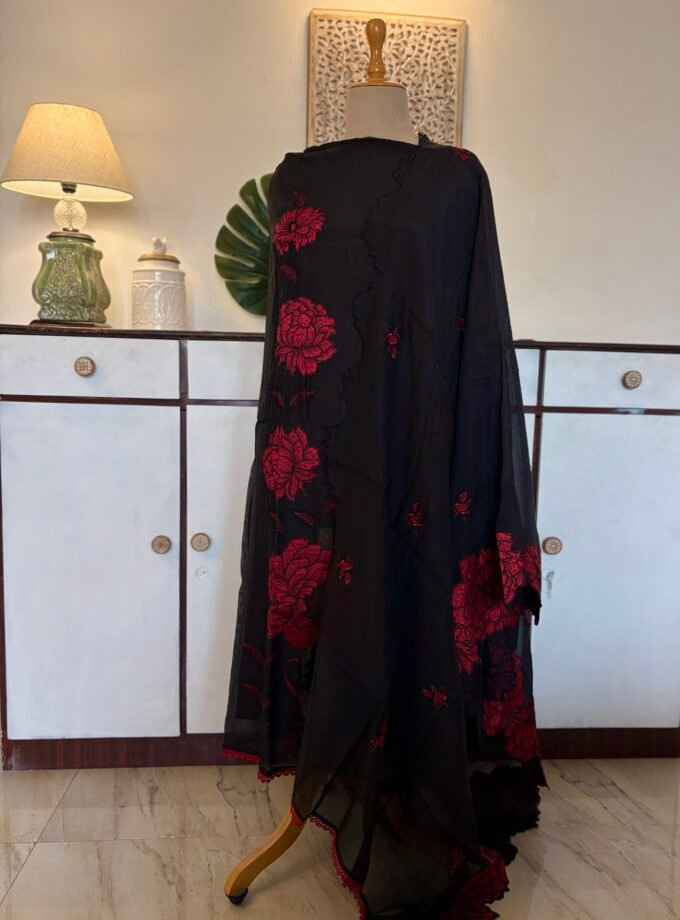 Applique and Embroidered Pure Chanderi Mul Salwars by Ikhtirah (Black)