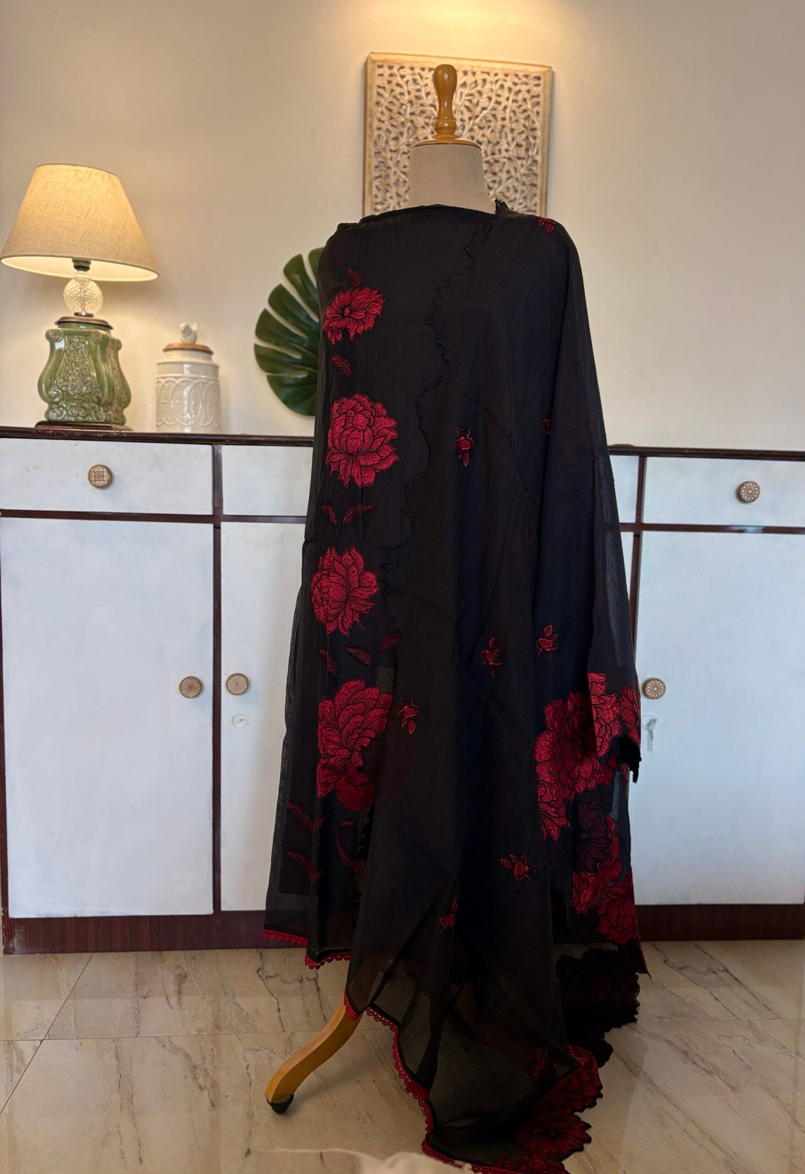 Applique and Embroidered Pure Chanderi Mul Salwars by Ikhtirah (Black) - Image 3