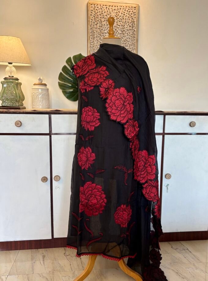 Applique and Embroidered Pure Chanderi Mul Salwars by Ikhtirah (Black)