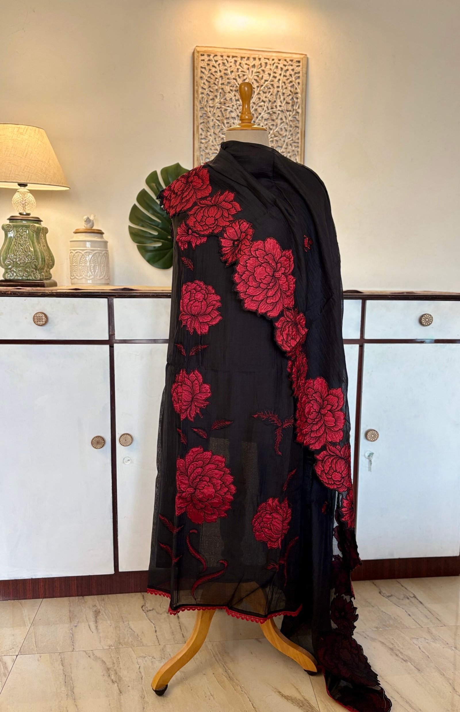 Applique and Embroidered Pure Chanderi Mul Salwars by Ikhtirah (Black) - Image 2