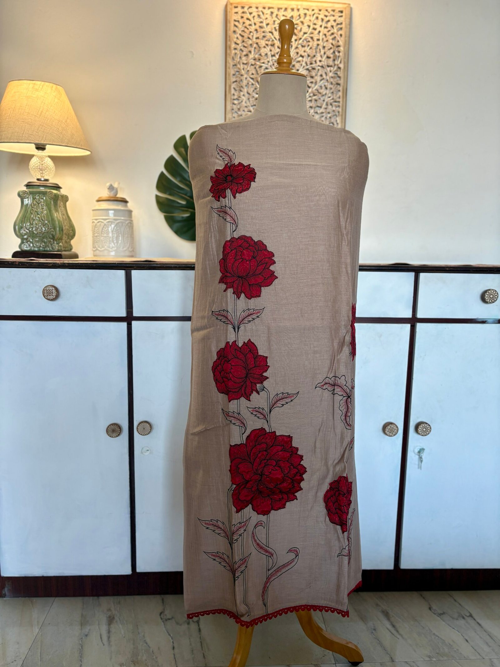 Applique and Embroidered Pure Chanderi Mul Salwars by Ikhtirah (Brown) - Image 4