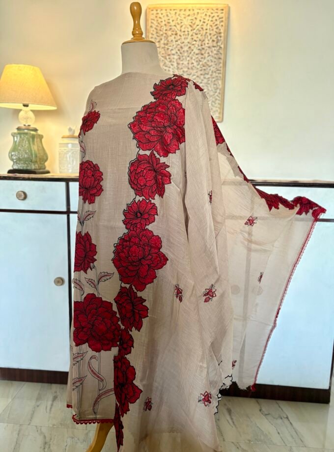 Applique and Embroidered Pure Chanderi Mul Salwars by Ikhtirah (Brown)