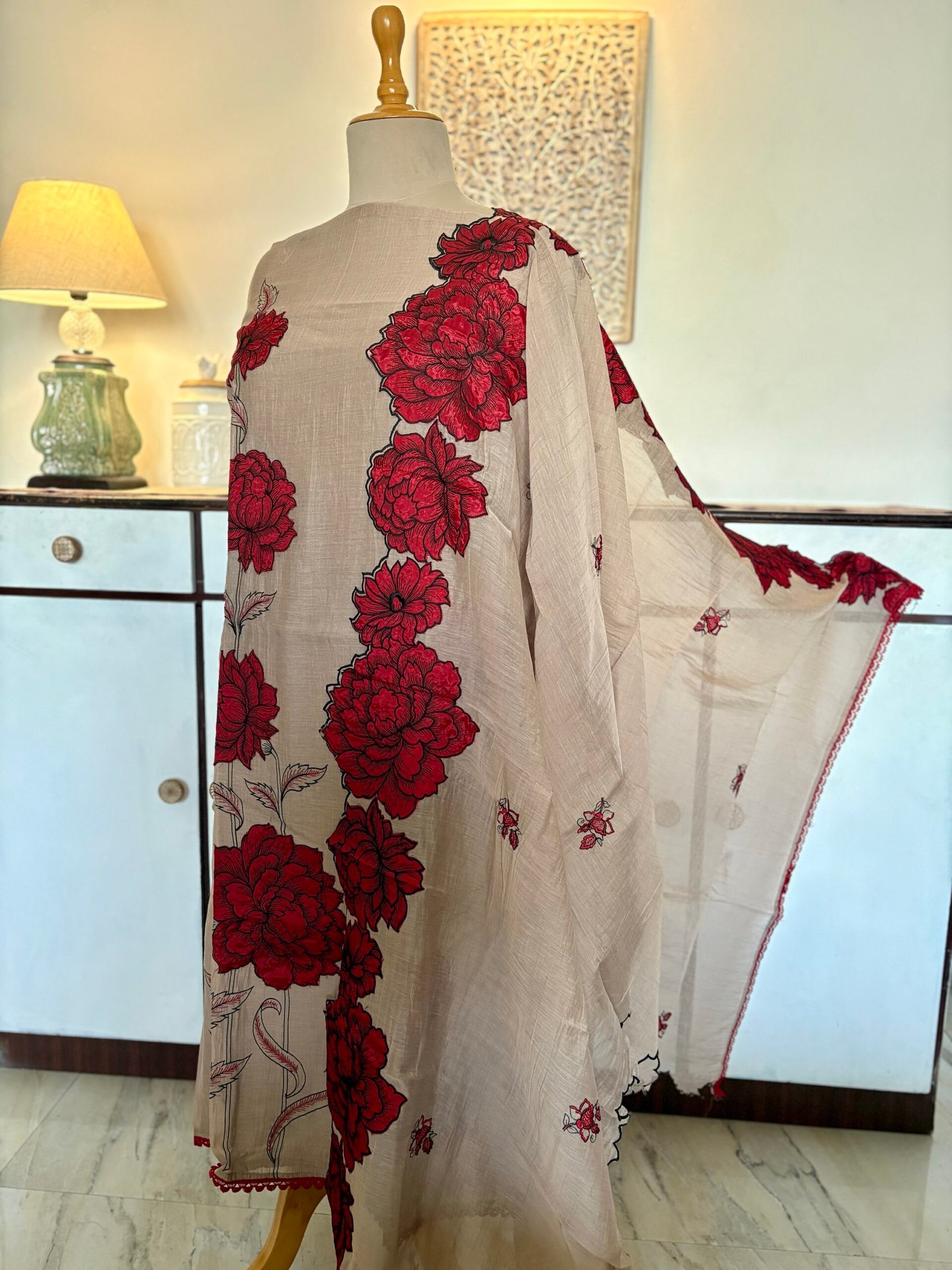 Applique and Embroidered Pure Chanderi Mul Salwars by Ikhtirah (Brown)