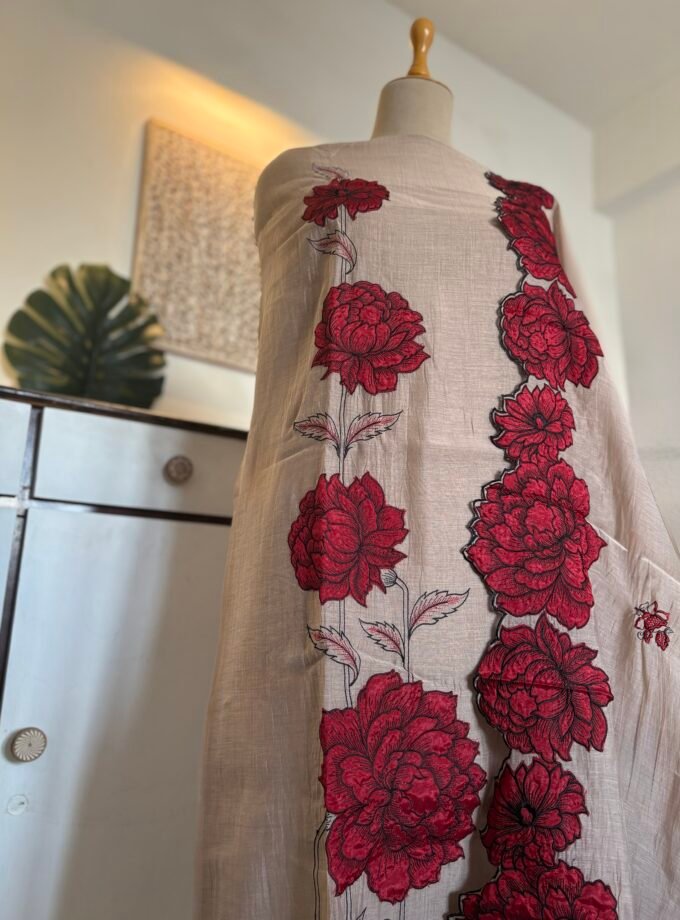 Applique and Embroidered Pure Chanderi Mul Salwars by Ikhtirah (Brown)