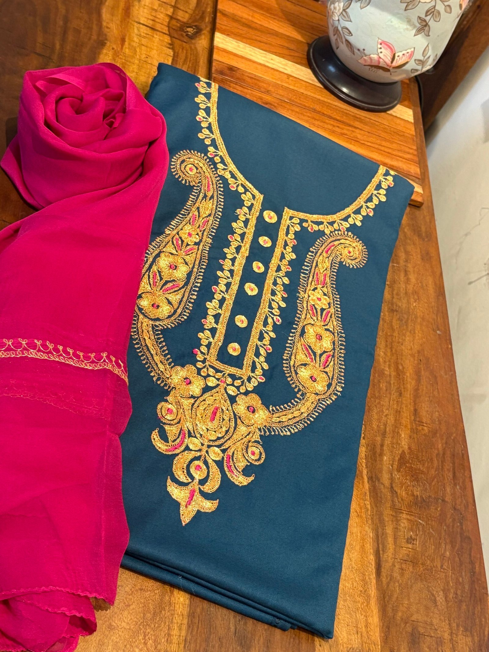 Tilla Embroidery Woollen Spun Salwar Suits with Chiffon Dupatta by Ikhtirah