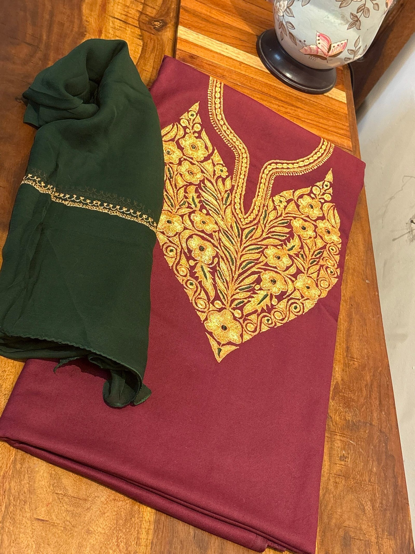 Tilla Embroidery Woollen Spun Salwar Suits with Chiffon Dupatta by Ikhtirah