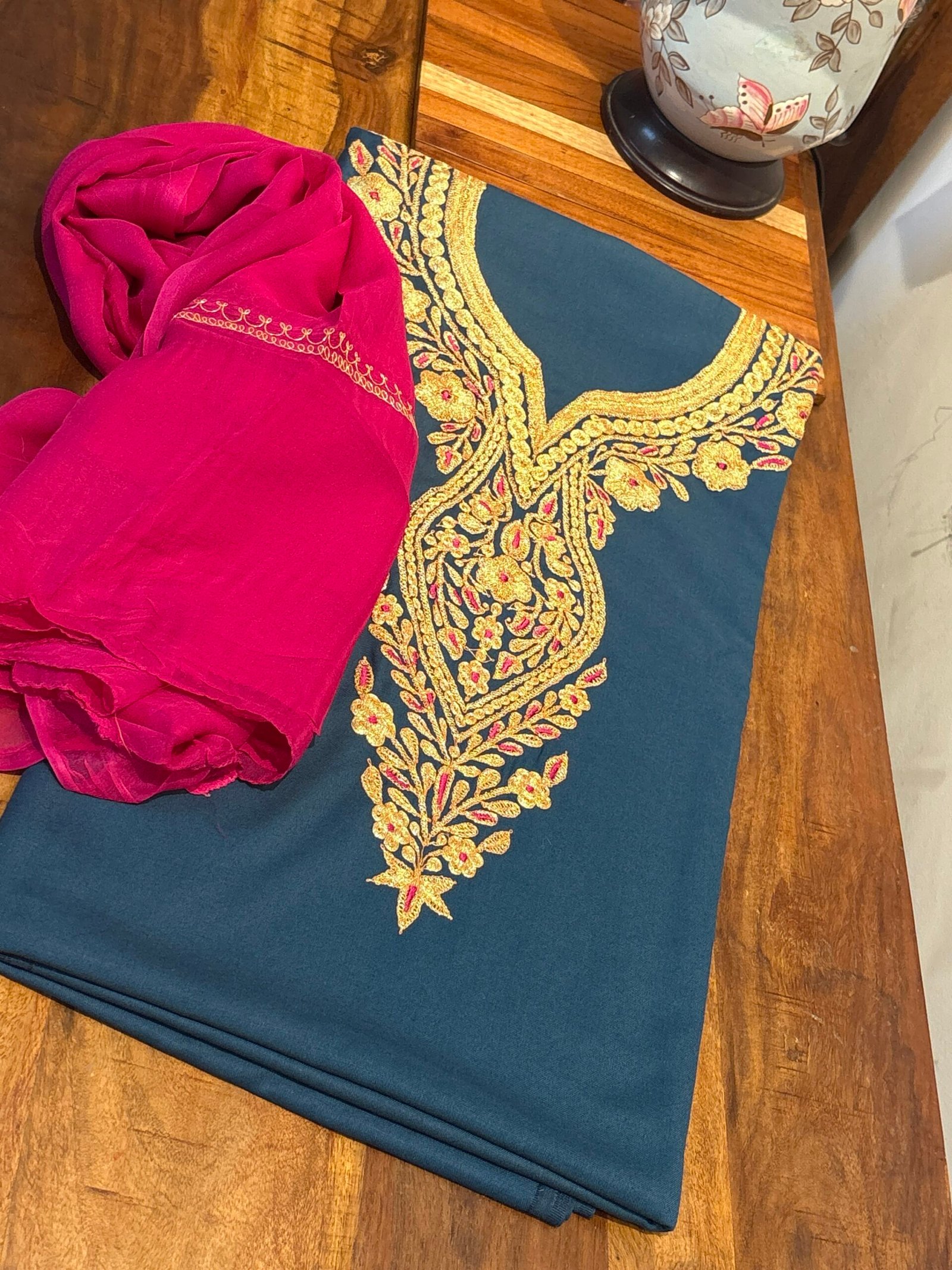 Tilla Embroidery Woollen Spun Salwar Suits with Chiffon Dupatta by Ikhtirah