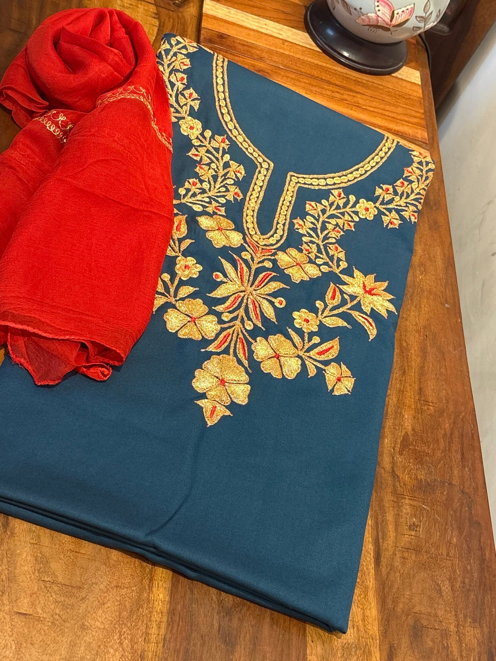 Tilla Embroidery Woollen Spun Salwar Suits with Chiffon Dupatta by Ikhtirah