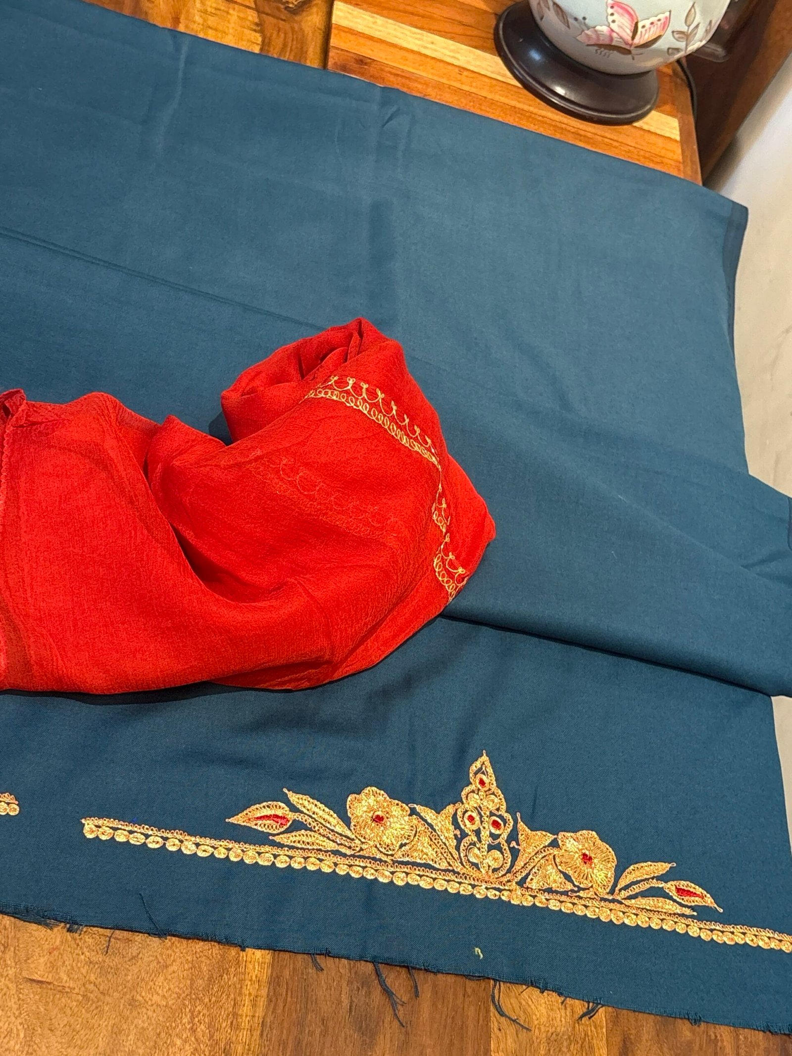 Tilla Embroidery Woollen Spun Salwar Suits with Chiffon Dupatta by Ikhtirah - Image 2