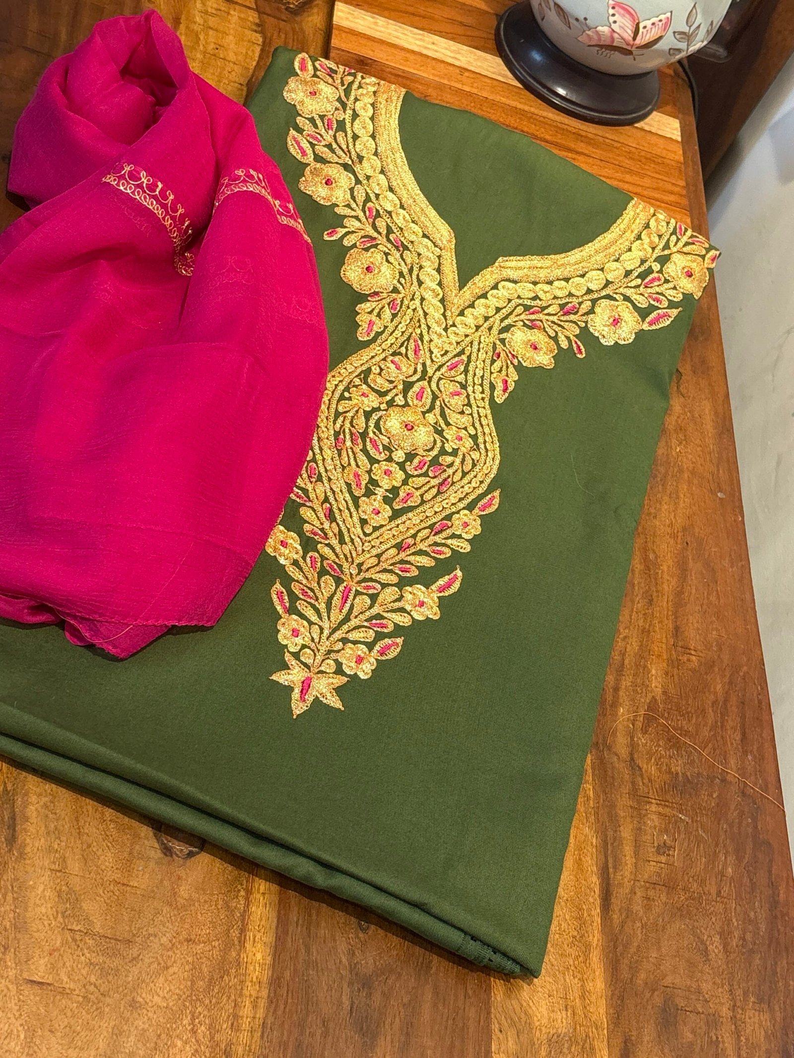 Tilla Embroidery Woollen Spun Salwar Suits with Chiffon Dupatta by Ikhtirah