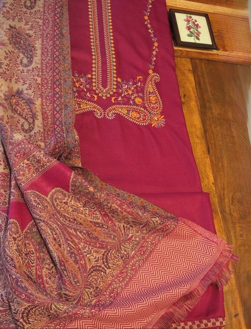 Woollen Woven Salwars with Reversible Shawl by Ikhtirah (Pink)