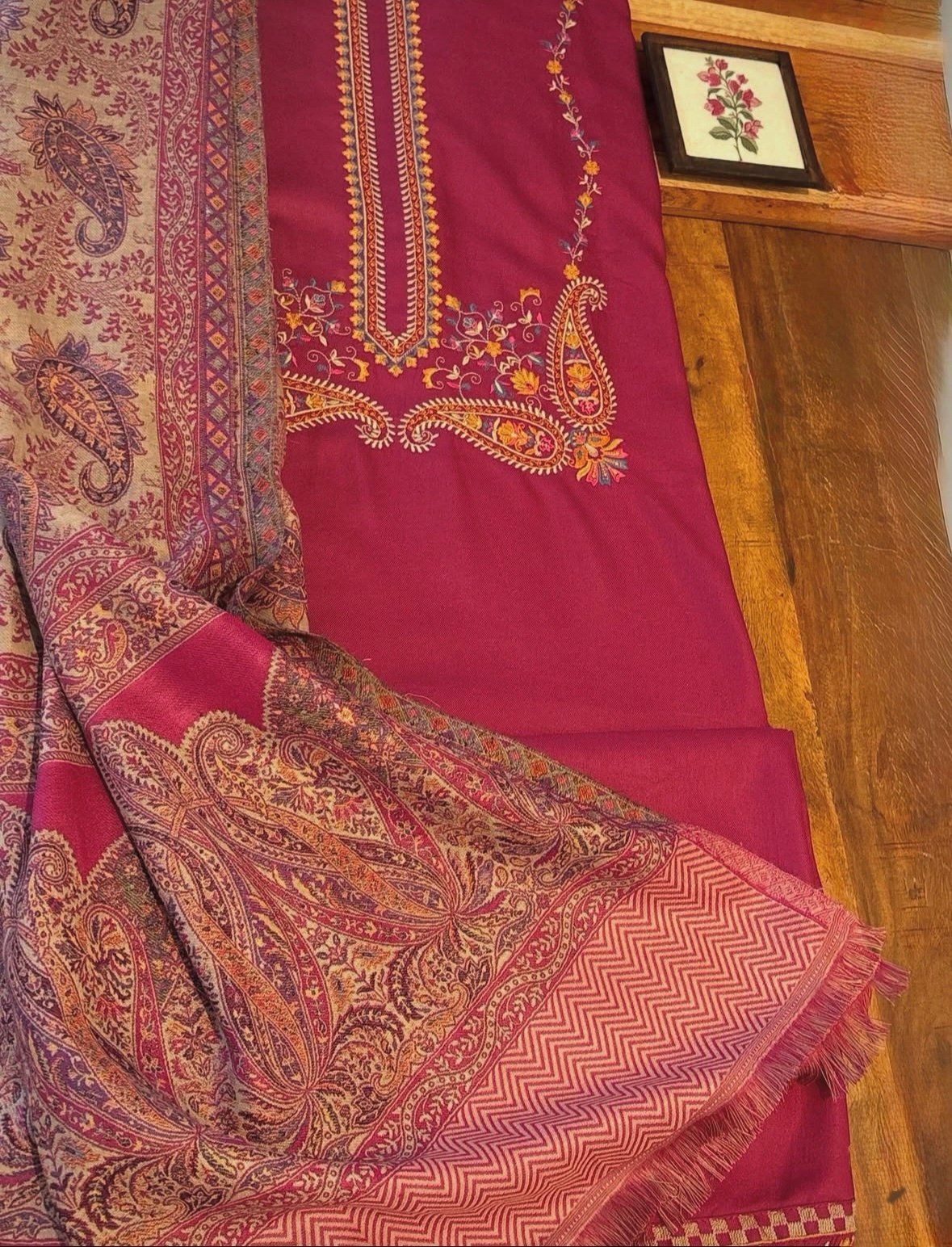 Woollen Woven Salwars with Reversible Shawl by Ikhtirah (Pink)
