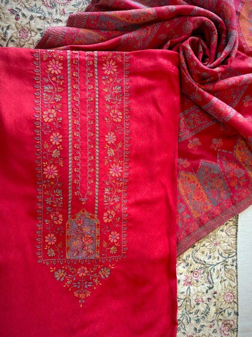 Woollen Woven Salwar with  Shawl by Ikhtirah (Red) - Image 3