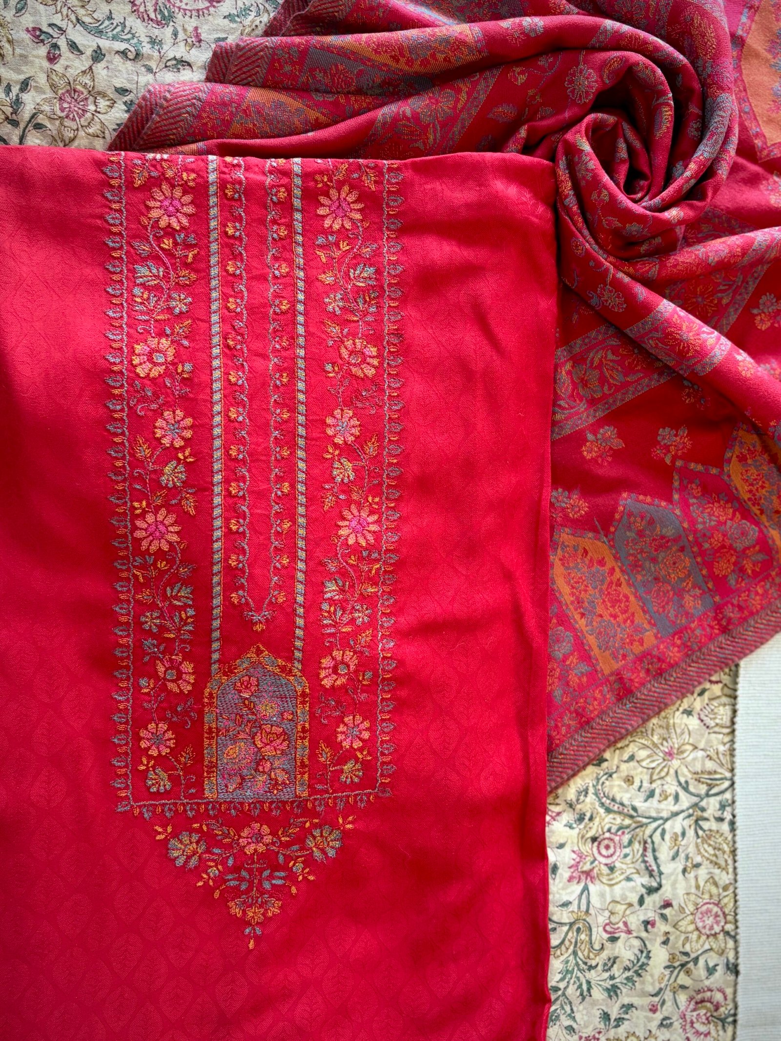 Woollen Woven Salwar with  Shawl by Ikhtirah (Red) - Image 3