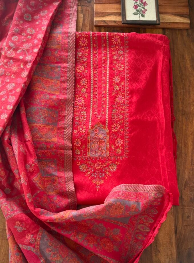 Woollen Woven Salwar with  Shawl by Ikhtirah (Red)