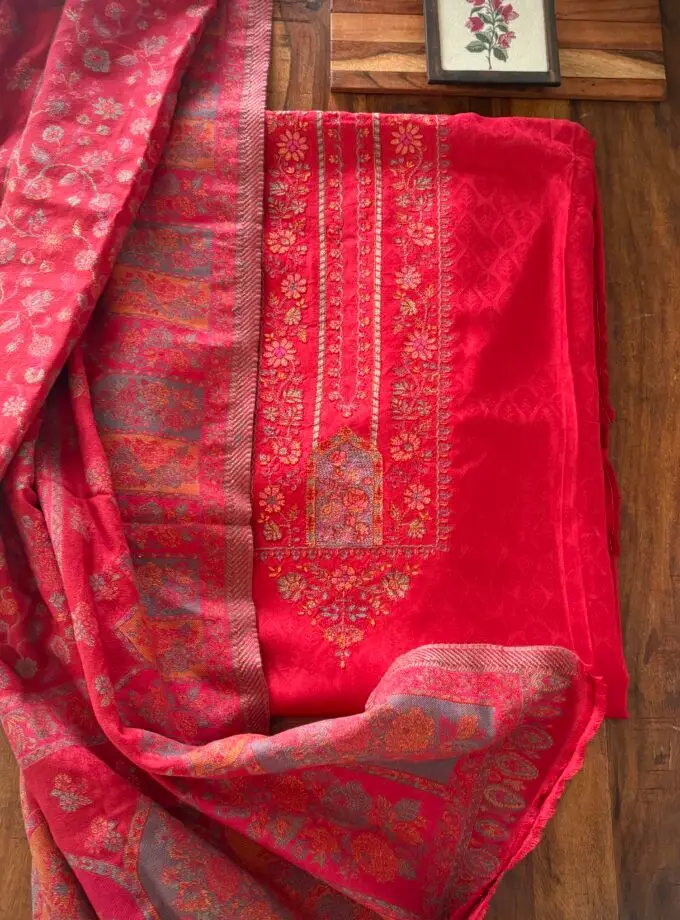 Woollen Woven Salwar with  Shawl by Ikhtirah (Red)