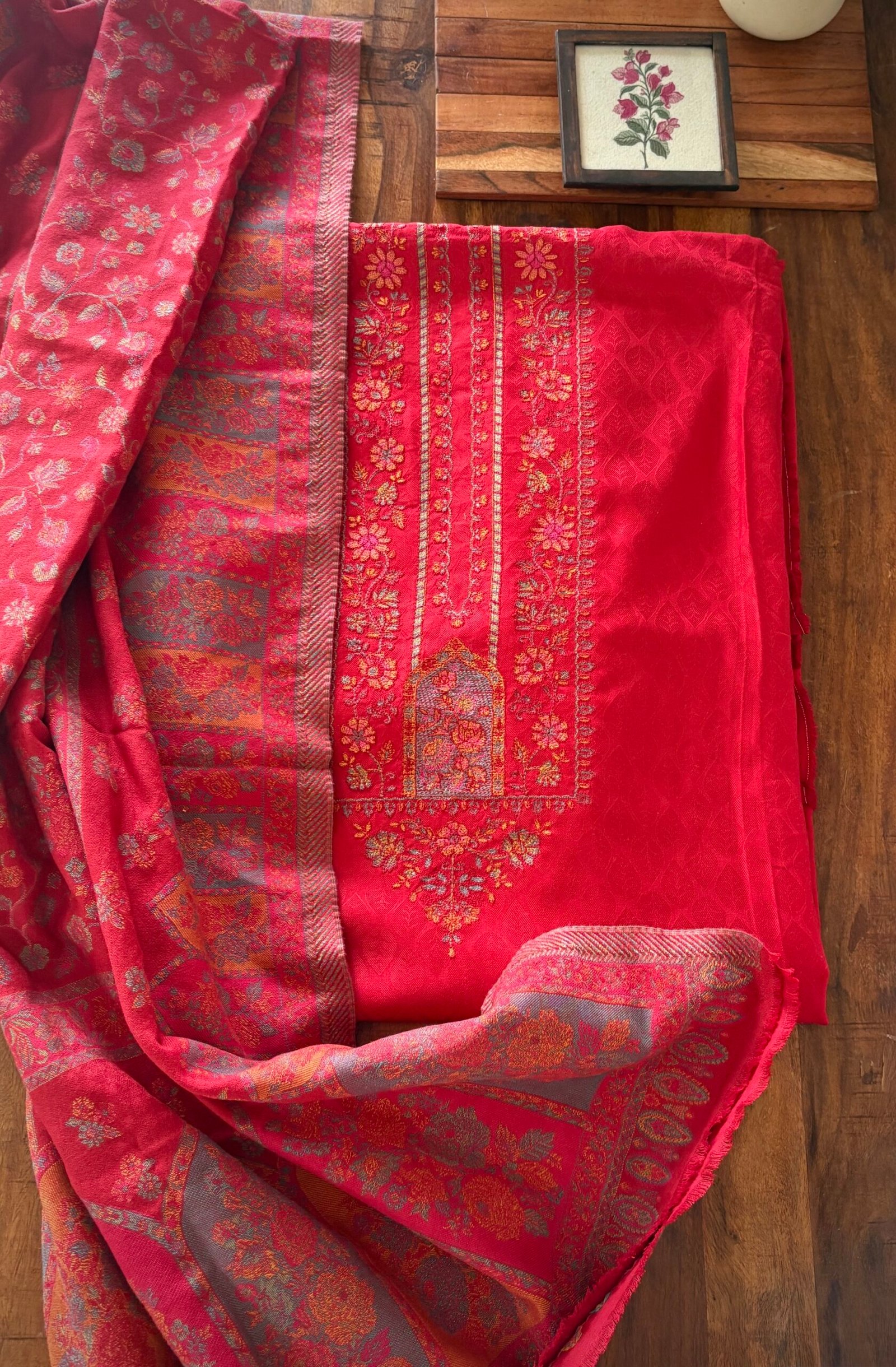 Woollen Woven Salwar with  Shawl by Ikhtirah (Red)