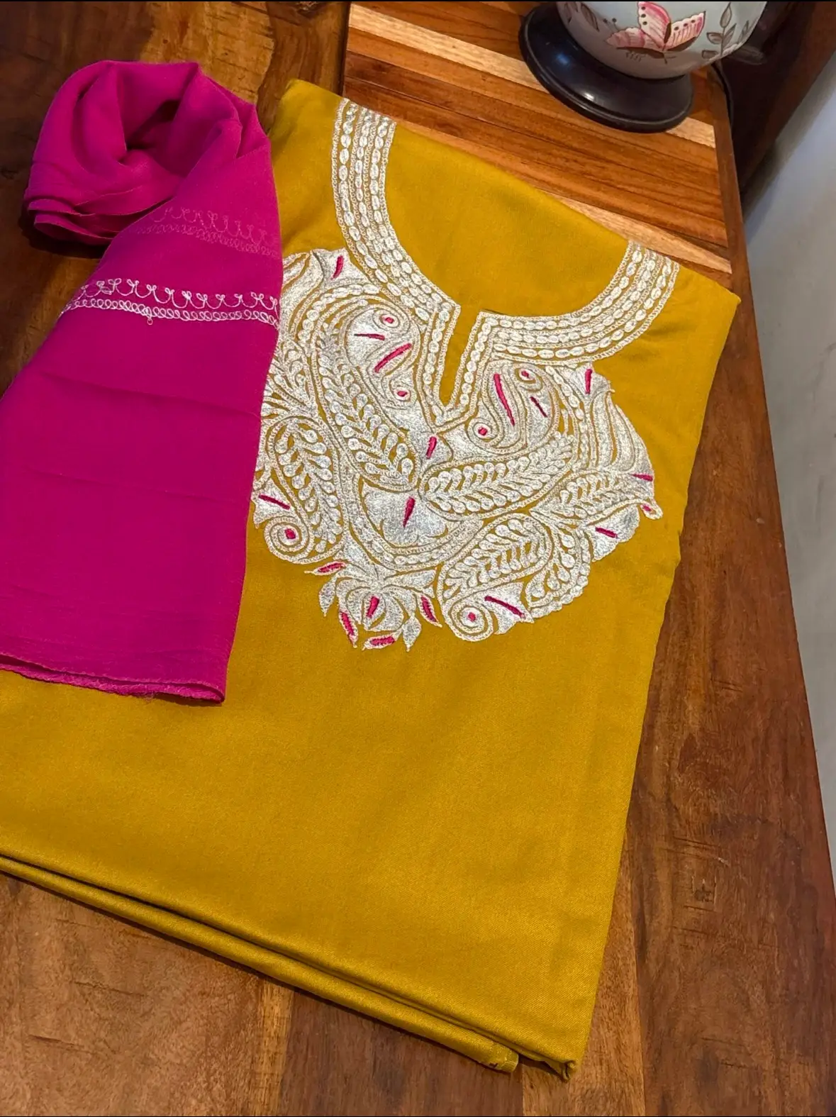 Tilla Embroidery Woollen Spun Salwar Suits with Chiffon Dupatta by Ikhtirah