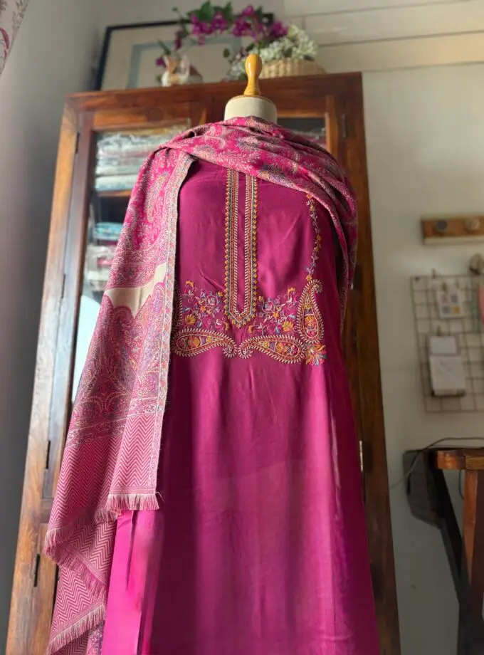 Woollen Woven Salwars with Reversible Shawl by Ikhtirah (Pink)